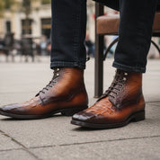model-sitting-bench - Men's Tan Brown Leather Ankle Boots