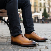 model-sitting-bench - Men's Tan Brown Leather Brogue Oxfords