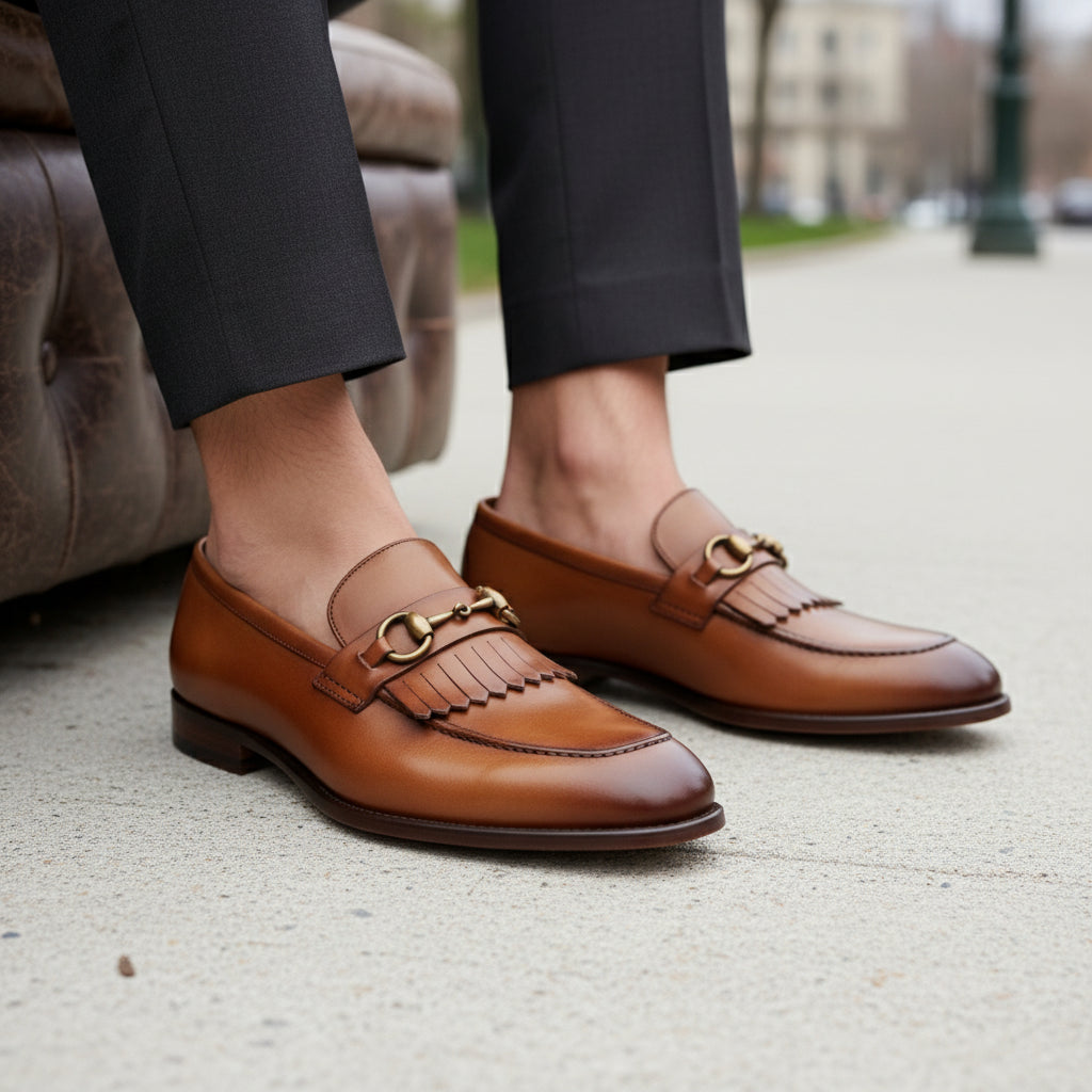 model-sitting-bench - Men's Tan Brown Leather Moccasins Loafers with Tassel Accent