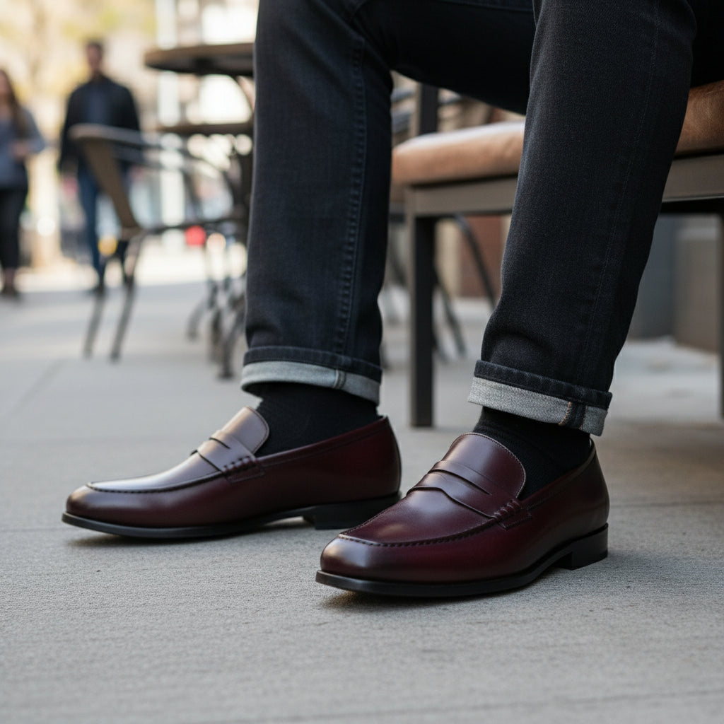 model-sitting-bench - Men's Tan Brown Leather Moccasins