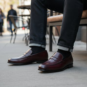 model-sitting-bench - Men's Tan Brown Leather Moccasins