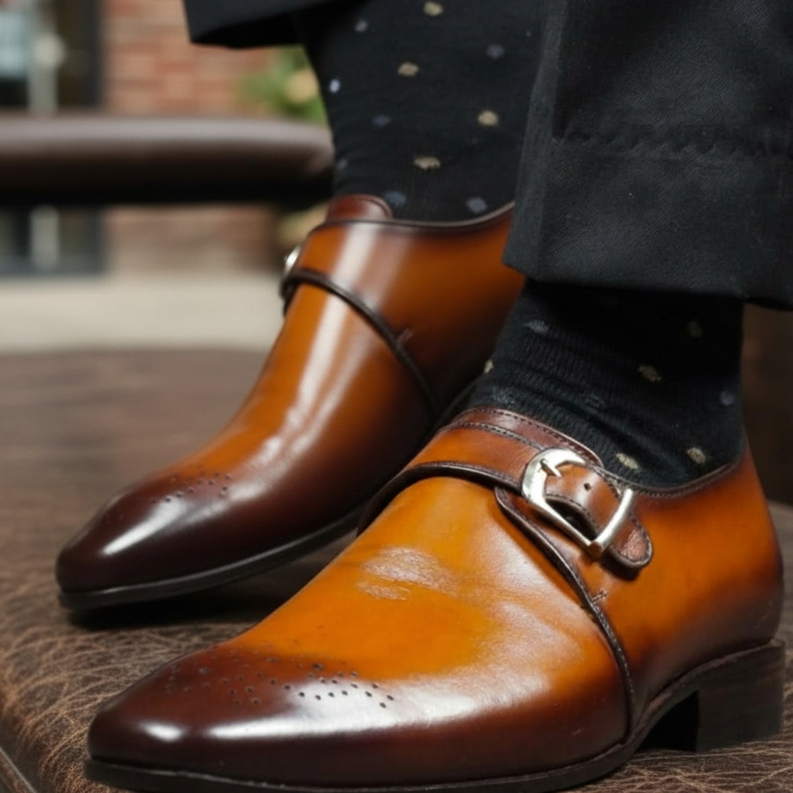 model-sitting-bench - Men's Tan Brown Leather Monk Oxfords