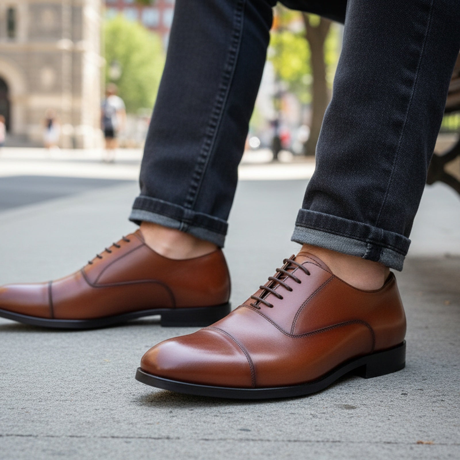model-sitting-bench - Men's Tan Brown Leather Oxford Dress Shoes