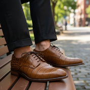model-sitting-bench - Men's Tan Brown Leather Oxford Dress Shoes