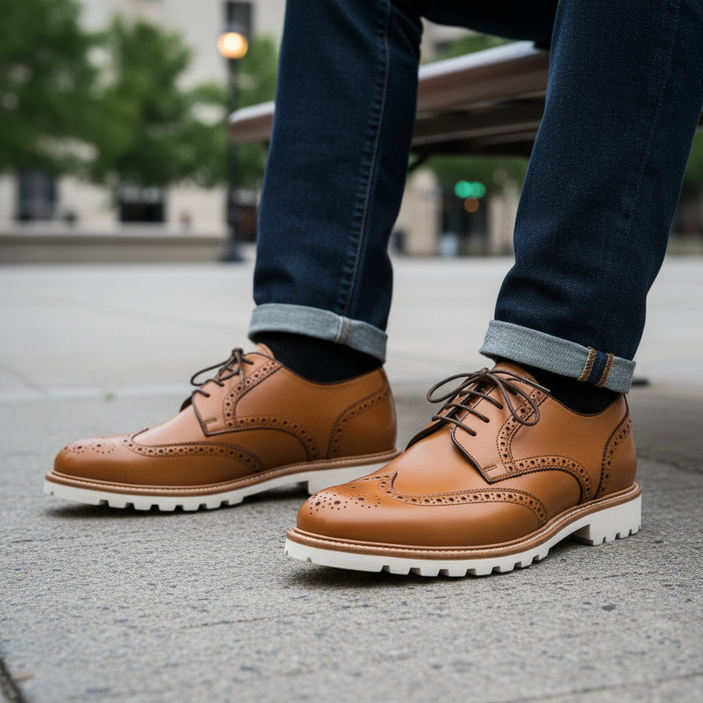 model-sitting-bench - Men's Tan Leather Brogue Shoes