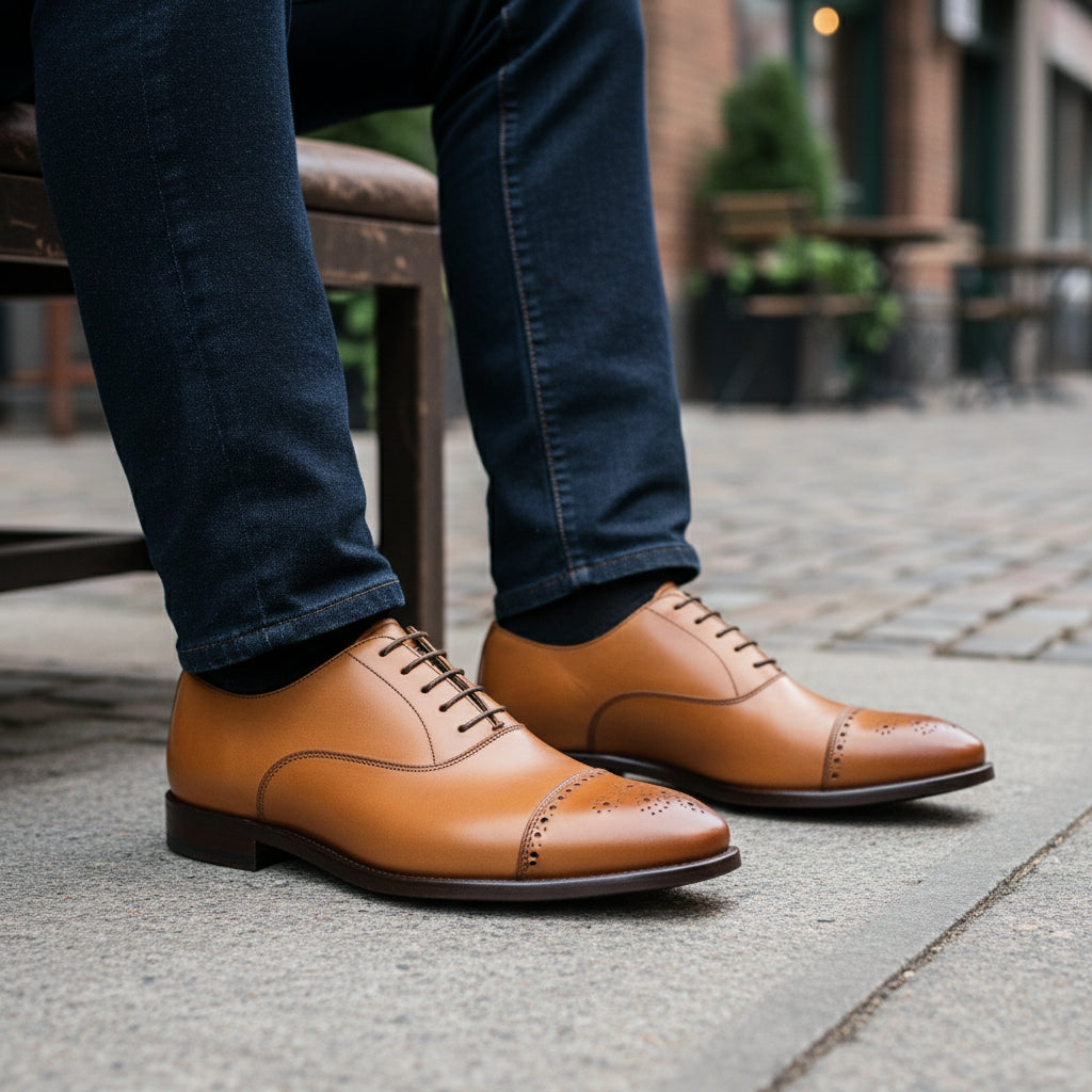 Men's Tan Leather Dress Shoes with Lace-up Closure - model-sitting-bench