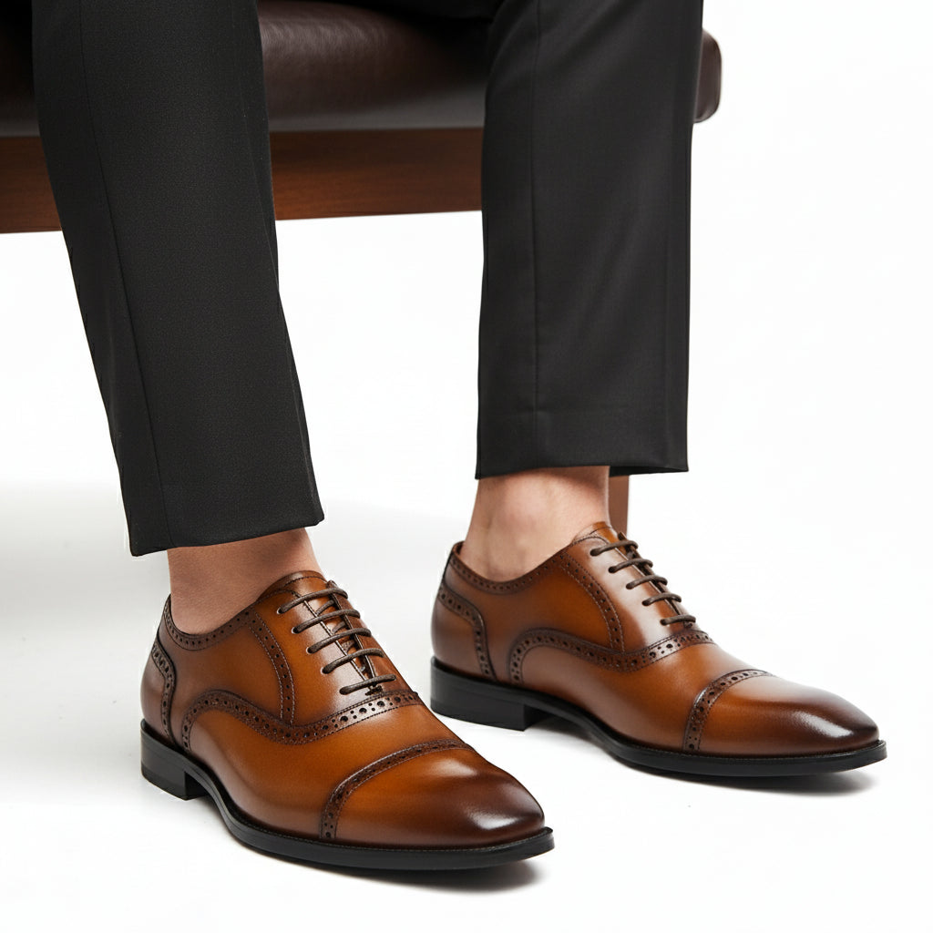Men's Tan Leather Formal Dress Shoes - model-sitting-bench