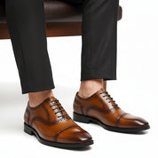 Men's Tan Leather Formal Dress Shoes - model-sitting-bench