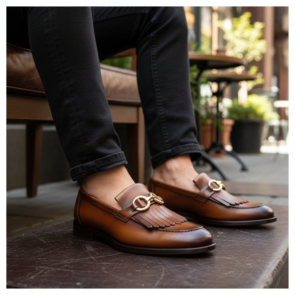 Men's Tan Leather Fringe Buckle Moccasins - model-sitting-bench