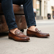 Men's Tan Leather Loafers - model-sitting-bench