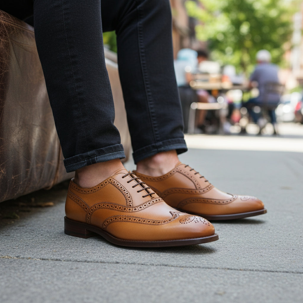 model-sitting-bench - Men's Tan Leather Wingtip Dress Shoes