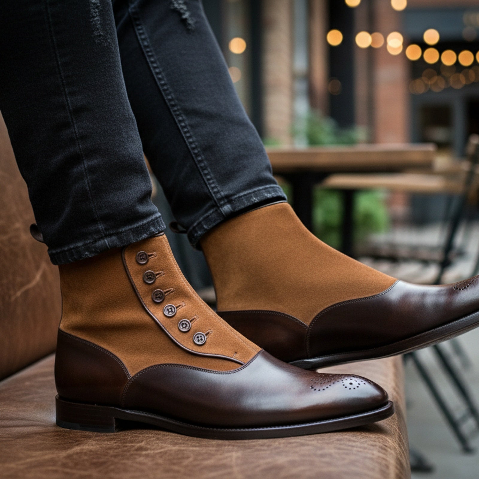 Men's Tan Suede and Brown Leather Button Boots - model-sitting-bench