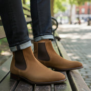 Men's Tan Suede Chelsea Boots - model-sitting-bench