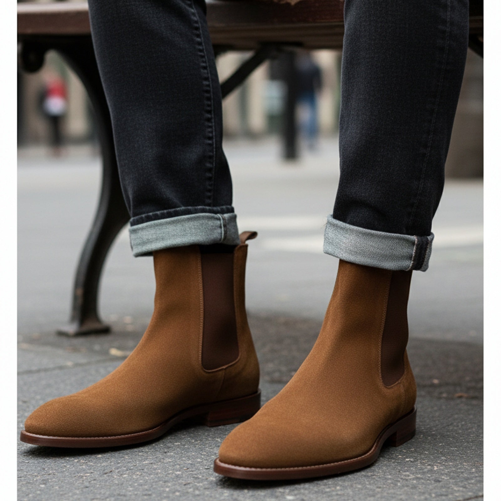 Men's Tan Suede Chelsea Boots - model-sitting-bench