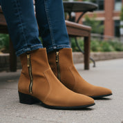 Men's Tan Suede Side-Zip Ankle Boots - model-sitting-bench