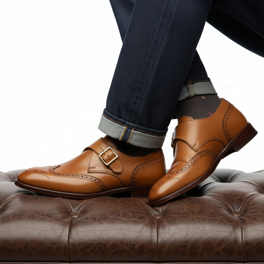 Men's Tan Wing Tip Brogue Monk Leather Shoes - model-sitting-bench