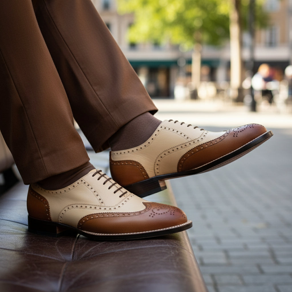 model-sitting-bench - Men's Two Tone Calf Leather Wingtip Brogue Dress Shoes
