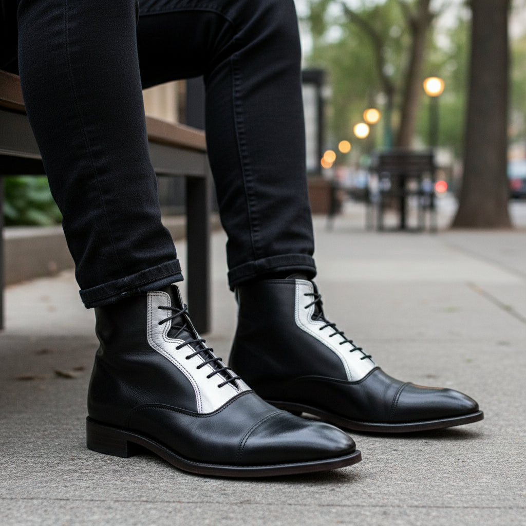 Men's Two Tone Cap Toe Leather Ankle Boots - model-sitting-bench