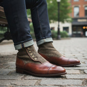Men's Two-Tone Cap Toe Leather Boots - model-sitting-bench