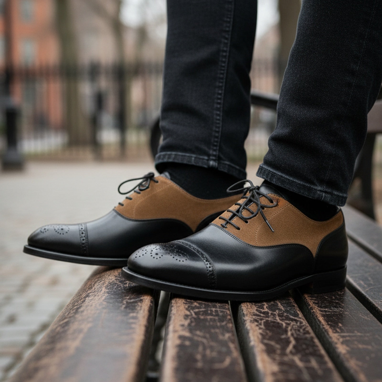 model-sitting-bench - Men's Two-Tone Cowhide & Suede Brogue Oxford Dress Shoes