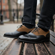 model-sitting-bench - Men's Two-Tone Cowhide & Suede Brogue Oxford Dress Shoes