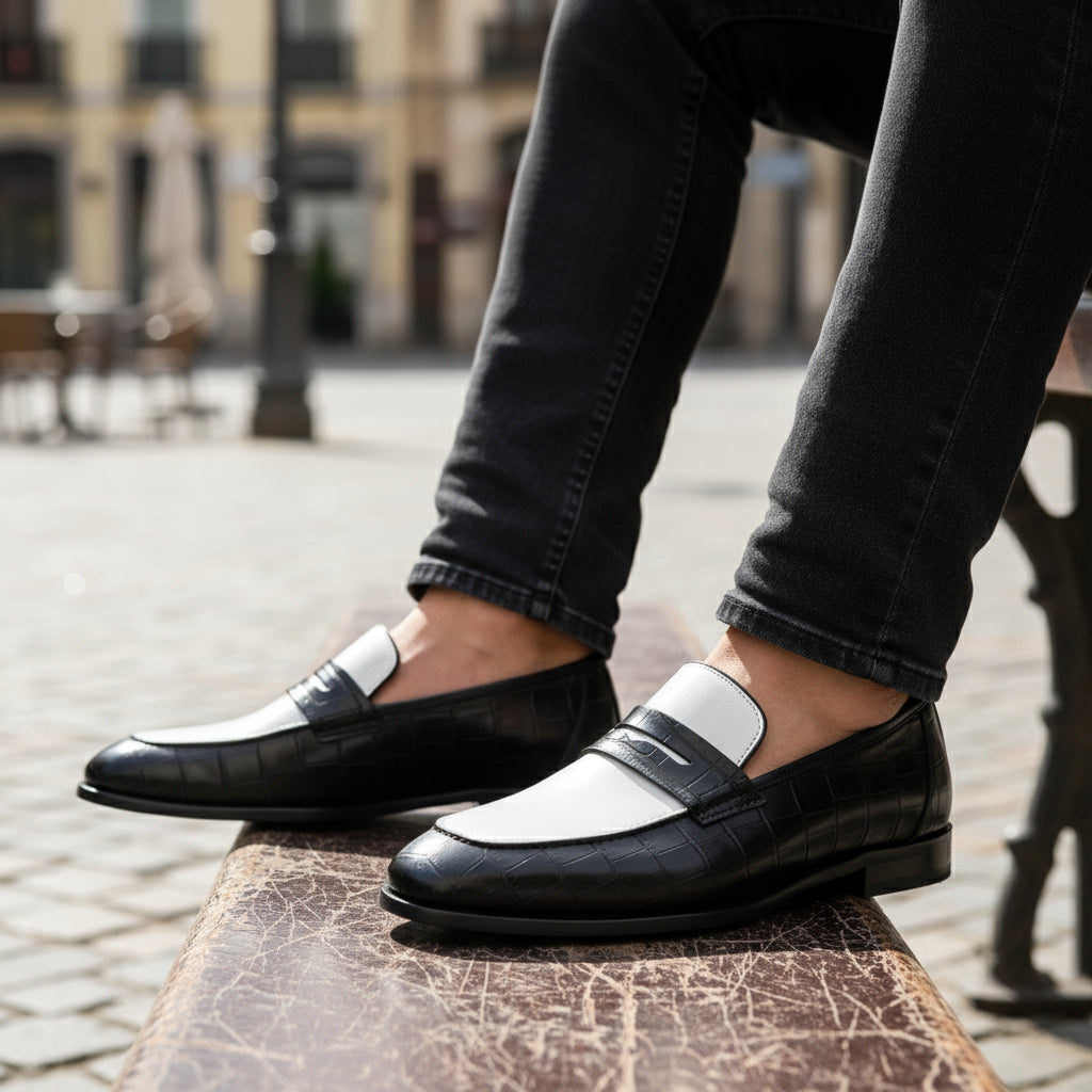Men's Two-tone Crocodile Leather Moccasins Loafers - model-sitting-bench