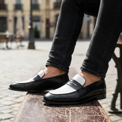 Men's Two-tone Crocodile Leather Moccasins Loafers - model-sitting-bench