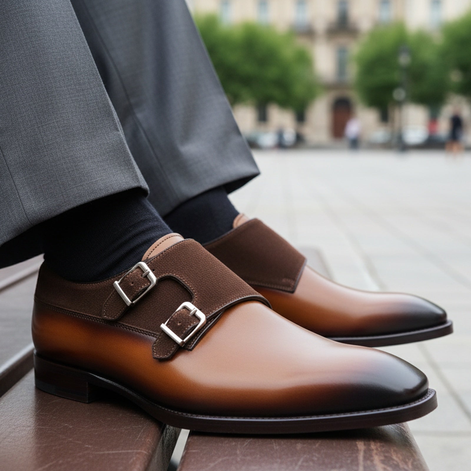 Men's Two Tone Double Monk Leather Shoes - model-sitting-bench