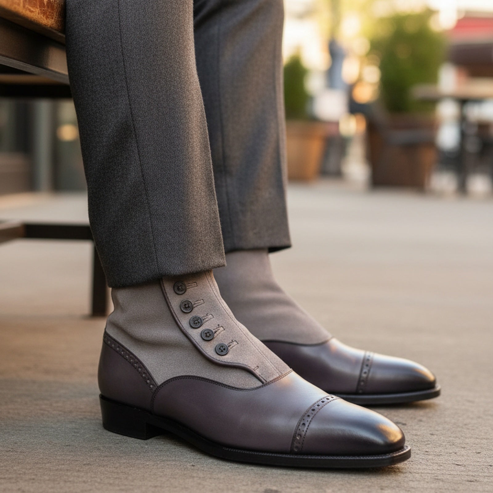 Men's Two-Tone Leather Button Boots - model-sitting-bench