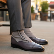 Men's Two-Tone Leather Button Boots - model-sitting-bench