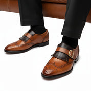 model-sitting-bench - Men's Two-tone Leather Dress Shoes