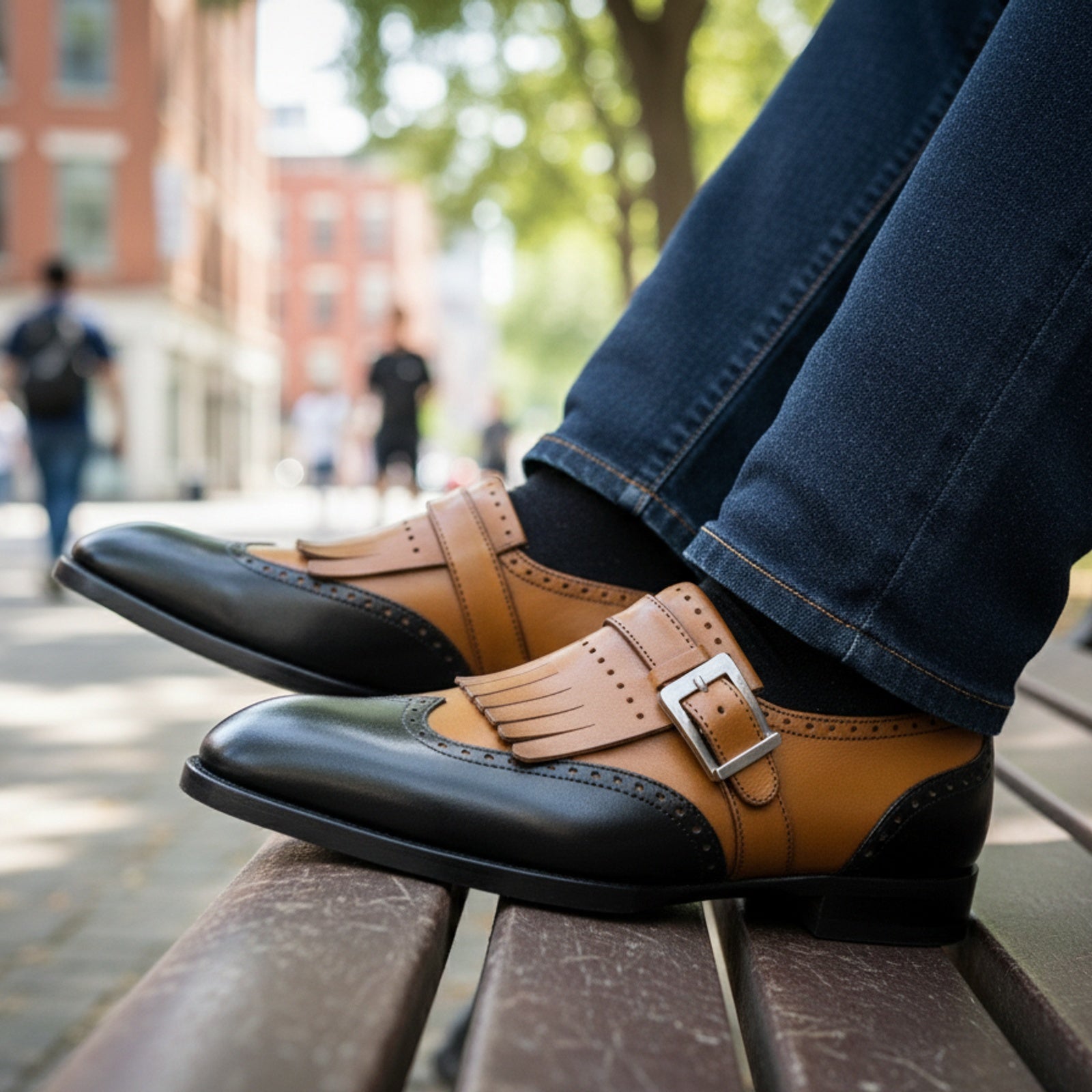 Men's Two-Tone Leather Dress Shoes - model-sitting-bench