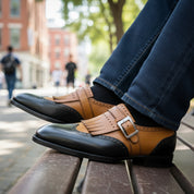 Men's Two-Tone Leather Dress Shoes - model-sitting-bench