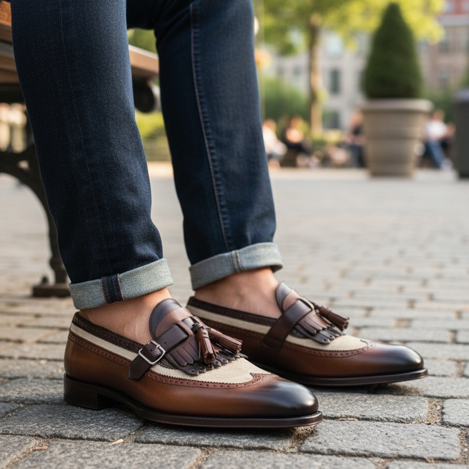 model-sitting-bench - Men's Two Tone Leather Fringe Dress Shoes