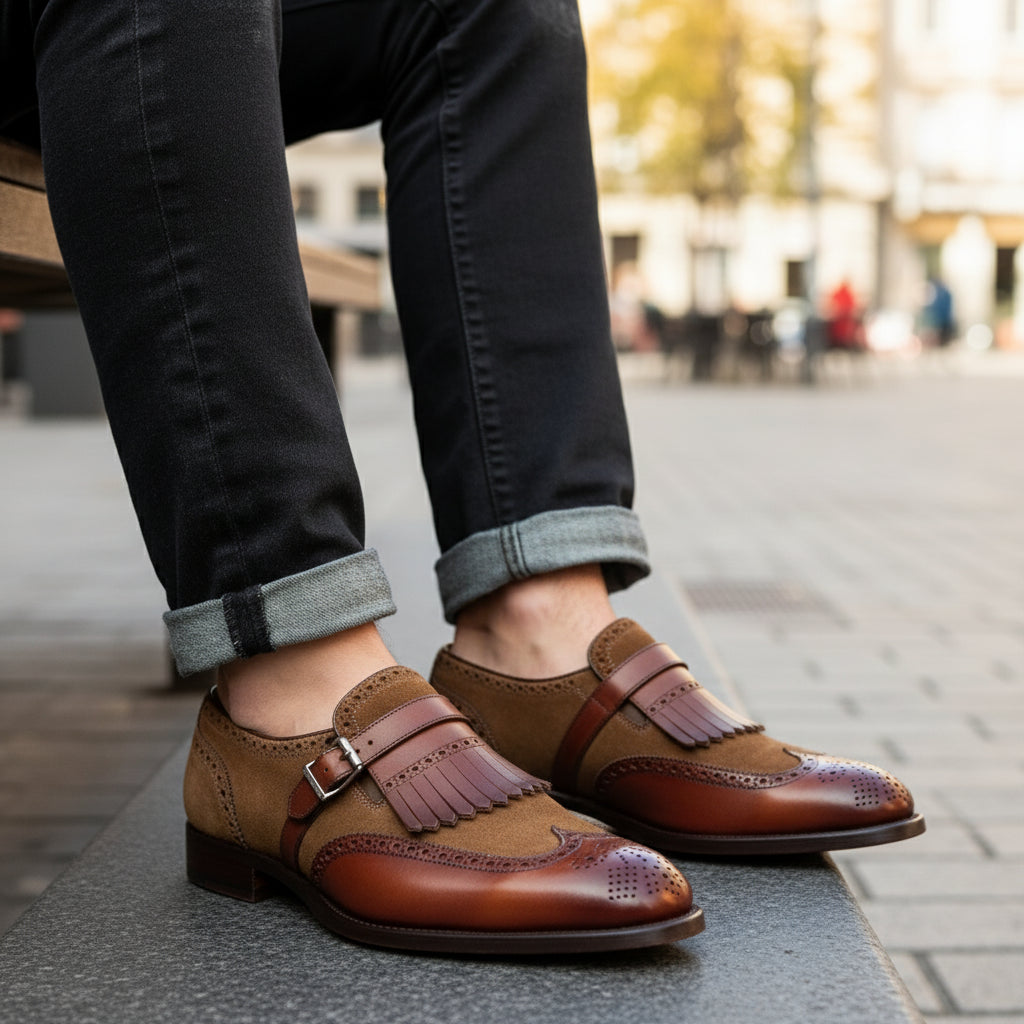 model-sitting-bench - Men's Two Tone Leather Fringe Wingtip Dress Shoes