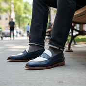 Men's Two-Tone Leather Loafer Moccasins - model-sitting-bench