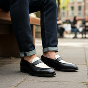 model-sitting-bench - Men's Two Tone Leather Moccasin Shoes