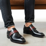 model-sitting-bench - Men's Two-Tone Leather Moccasins – Black Dress Shoes