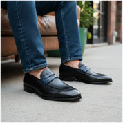 Men's Two-Tone Leather Moccasins Loafers - model-sitting-bench