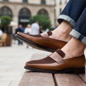 Men's Two-Tone Leather Moccasins - model-sitting-bench