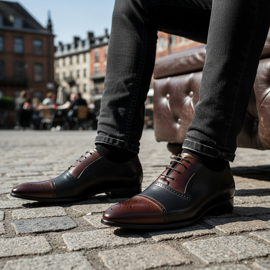 model-sitting-bench - Men's Two Tone Leather Oxford Spectator Shoes with Pointed Toe