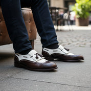 model-sitting-bench - Men's Two Tone Leather Tassel Moccasins