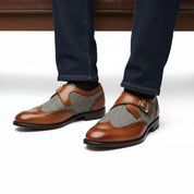 model-sitting-bench - Men's Two-Tone Leather Wing Tip Monk Dress Shoes