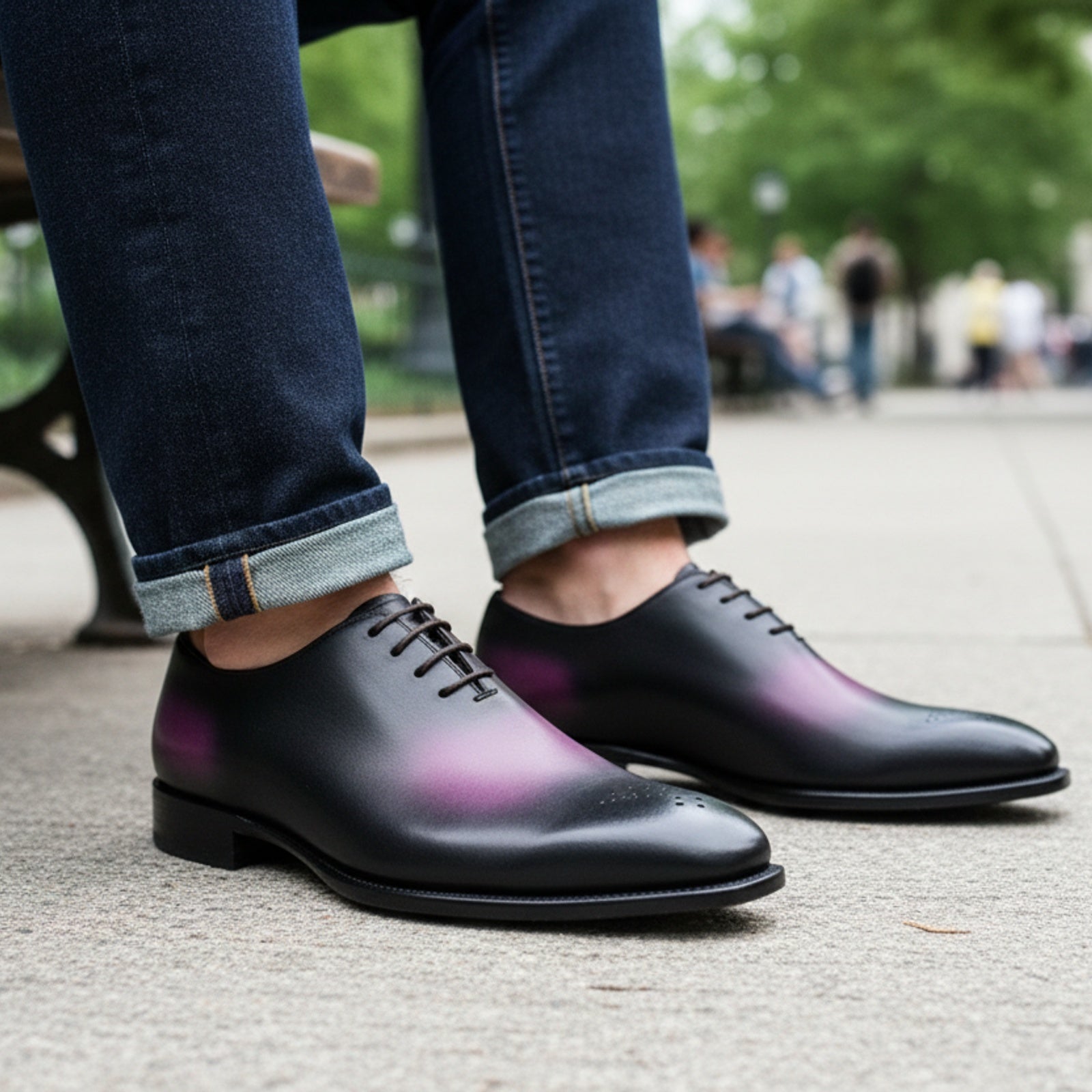 Men's Two-Tone Patina Leather Oxford Shoes - model-sitting-bench