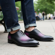 Men's Two-Tone Patina Leather Oxford Shoes - model-sitting-bench
