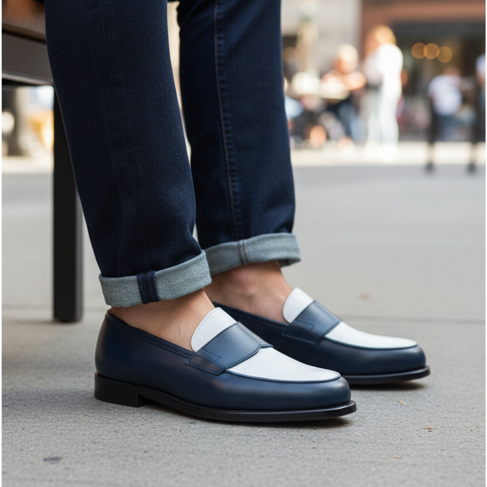 Men's Two-Tone Spectator Leather Dress Shoes in Blue and White - model-sitting-bench