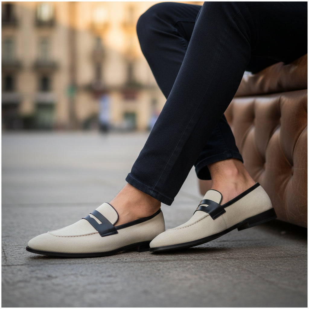 Men's Two-Tone Suede Loafers - model-sitting-bench
