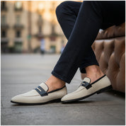 Men's Two-Tone Suede Loafers - model-sitting-bench
