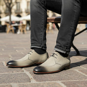 model-sitting-bench - Men's Two-Tone Suede Wingtip Dress Shoes