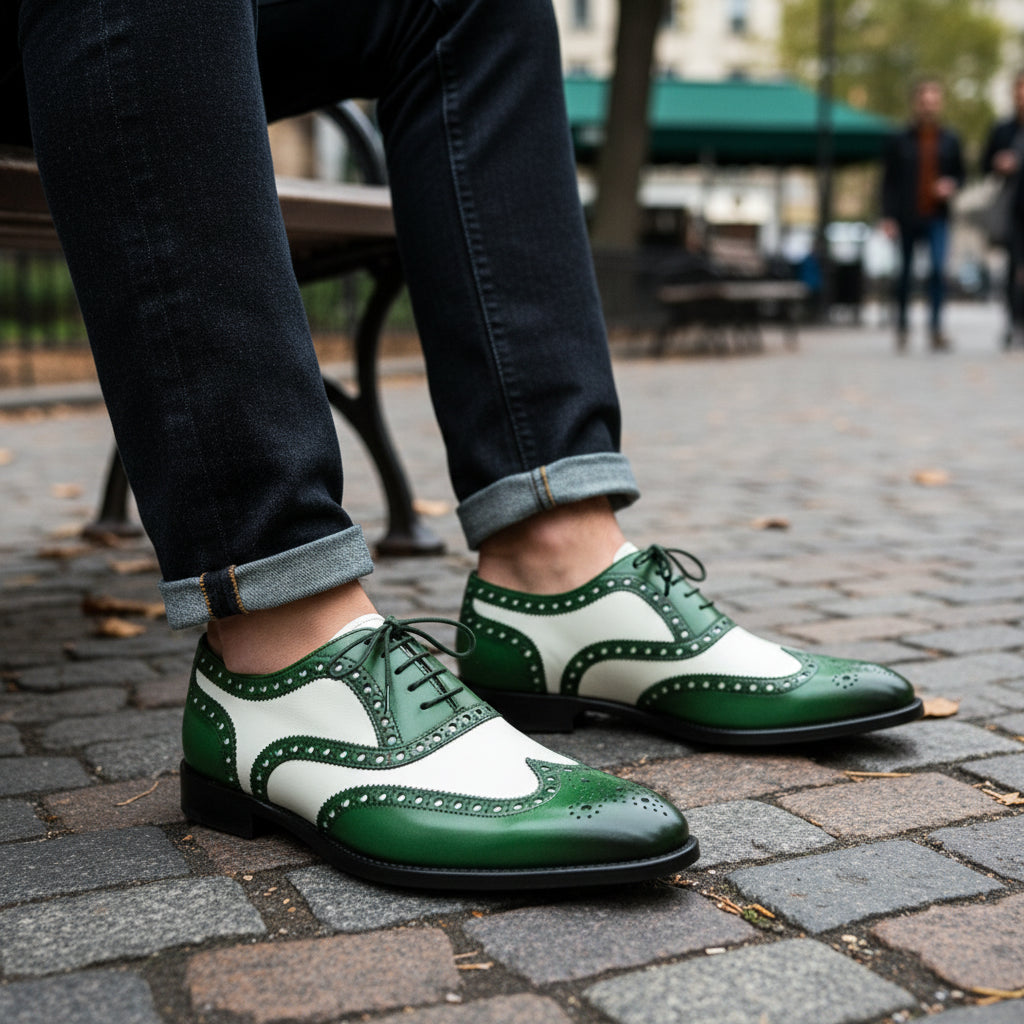 Men's Two-Tone Wingtip Brogue Leather Dress Shoes - model-sitting-bench